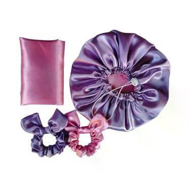 Imagem de Kit Touca Cetim Antifrizz Dupla Face,1 Fronha e 2 Scrunchies - Beleza 