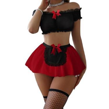 Imagem de Foxiny Conjunto de 4 peças de lingerie de renda transparente de malha sexy com calcinha fio dental, Laço preto e vermelho, 2X-Small