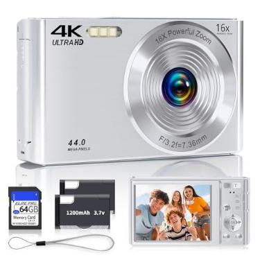 Imagem de Câmera digital, câmeras digitais com foco automático 4K 2026 para adolescentes, ponta prateada e câmera fotográfica para crianças com zoom de 16X, cartão SD de 64 GB, compacta, pequena para meninos