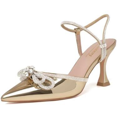 Imagem de Susanny Sapato feminino fechado Rhinstone casamento salto baixo slingback transparente gatinho, tira ajustável, bico fino, salto alto, vestido de formatura, Ouro patenteado, 40
