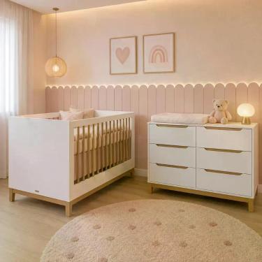 Imagem de Conjunto Berço 2 em 1 Vira Mini Cama Cômoda 6 gavetas MDF espaço para