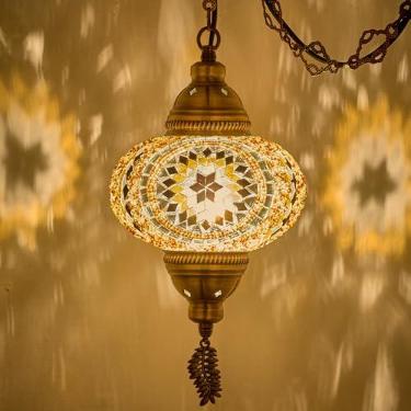 Imagem de DEMMEX Swag Plug em mosaico marroquino turco luminária suspensa de teto lustre luminária pendente, plugue com cabo de 4,5 m e corrente de folha de metal (PlugIn6)