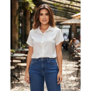 Imagem de Camisa Feminina Social Manga Curta Branca Alfaiataria Fina Linho Anti 