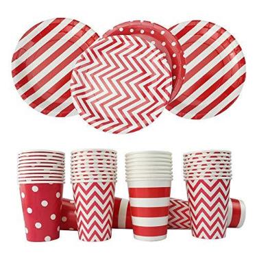 Imagem de Pratos de papel vermelhos descartáveis de 22,86 cm (36 peças) e copos de papel de 226 g (72 peças) – Listras vermelhas brancas, bolinhas, artigos de mesa Chevron