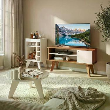 Imagem de Kit Sala de Estar Frank Rack TV 50" 120CM MDF com Nicho e Mini Bar Off White Dkadidecor