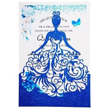 Imagem de FLZOPYNE 5 x 7,3 polegadas 50 PCS Royal Blue Quinceanera Convites, Sweet 16 Laser Cut Girl Princess Convite Card Kit com Envelopes para Casamento, Festa, Quinceañera, XV Años, Mis Marmelo (Royal Blue