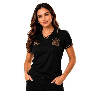 Imagem de Polo Feminina Corinthians Preta com Detalhes Dourados Modelo Premium P