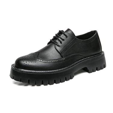 Imagem de Sapatos masculinos de couro plataforma Derby com bico redondo confortável com cadarço e sola saliente Brogue Oxfords casual para trabalho, Preto, 44