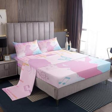 Imagem de jejeloiu Jogo de lençol casal para meninas, cantora, violão, música, rosa, com glitter, moderno, para decoração de quarto feminino, leve, com bolso alto, lençol com elástico alto, 2 fronhas