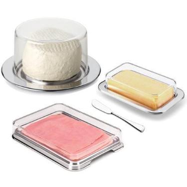 Imagem de Kit Café Da Manhã Queijeira Porta Frios Manteigueira e Espátula Aço In