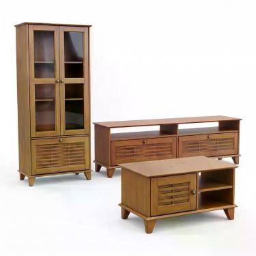 Imagem de Conjunto para Sala Cristaleira 3 Portas + Rack Tv 2 Portas + Mesa de Centro Lux Madeira Maciça Ipê Móveis Retrô
