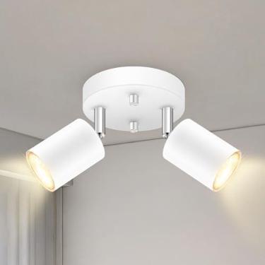 Imagem de Teto de 2 luminárias de trilho de luz, holofote direcional redondo branco fosco, luminária de trilho de montagem embutida GU10, cabeça de luz giratória flexível para cozinha/sala de estar, lâmpada não