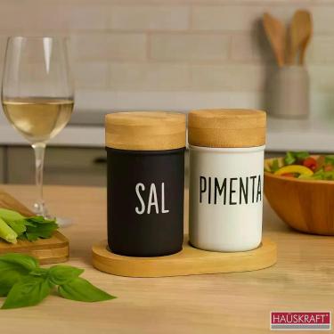 Imagem de Kit Saleiro Pimenteiro Hauskraft 90ml Vidro Tampa Bambu com Base Organ
