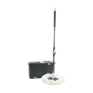 Imagem de Mop Rotatório Retangular Mood com Balde 20L Inox e 1 Refil – Cinza/Branco, Cabo Ajustável e Escoamento Fácil