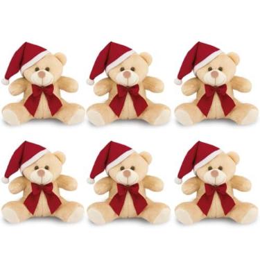 Imagem de 6 Ursinhos de Pelúcia Papai Noel 20cm Decoração Natal (Caramelo)