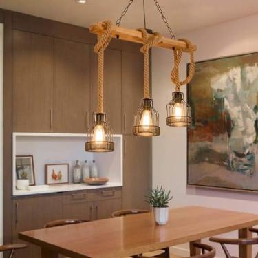 Imagem de Lustre de madeira vintage estilo industrial luz pendente para mesa de jantar ilha de cozinha restaurante e bar luminária retrô artesanal com 3 lâmpadas