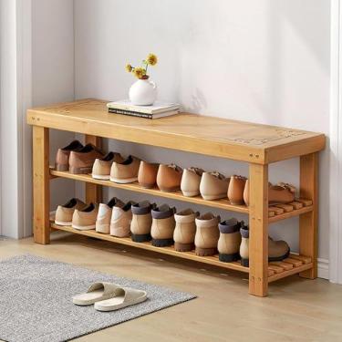 Imagem de Sapateira de bambu, sapateira de 3 níveis para entrada, organizador de armazenamento de sapatos de madeira para corredor, porta da frente, sala de estar, B, 90 cm