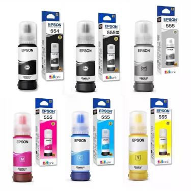 Imagem de Kit de Tintas T554 e T555 Epson 6 Cores Original para Ecotank L8160 e L8180 com Preto Pigmentado T554120 70ML e Ciano