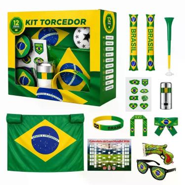 Imagem de Kit Torcedor Brasil 12 Itens com Bandeira Corneta e Acessórios para Jogos Verde Amarelo e Azul