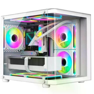 Imagem de Gabinete Gamer Aquário Hayom Gb1799, 4x Fans Rgb, Frontal E Lateral Em Vidro Temperado, Micro Atx - Branco