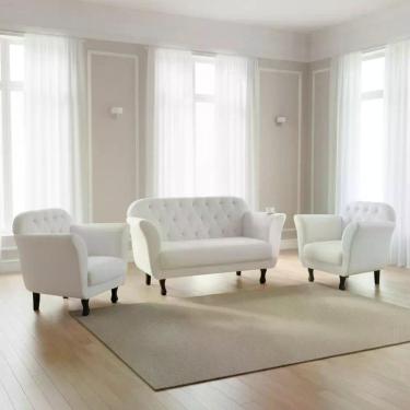 Imagem de Kit Namoradeira + 2 Poltronas Decorativa Dália Couro Branco Pés Madeir