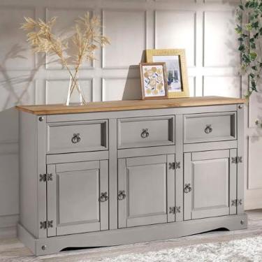 Imagem de Balcão Buffet de Madeira Maciça com 3 portas e 3 Gavetas Cinza Lavado - 75,9 Alt X 125 Larg X 40 Prof - Móveis para Casa, Acabamento em Cera, Madeira Pinus Elliottis - PENSE DENTRO DA CAIXA