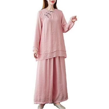 Imagem de Yajun Spring Tang Terno Feminino Chá Zen Roupas Retrô Estilo Chinês Tradicional Yoga Algodão Terno Duas Peças Kung Fu Uniforme, Rosa, G (Busto: 104cm)