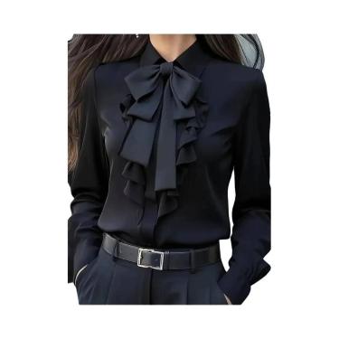 Imagem de Blusa feminina formal de manga comprida com gola e laço e babados - NO