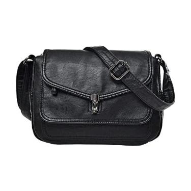 Imagem de oshhni Adulto Unissex Bolsa Mensageiro Feminina Carteira De Couro Sacola Vintage Couro Pu Bolsa De Ombro Com Aba Grande Capacidade Cor Sólida Moda Casual Com Zíper Alça De Ombro Ajustável Preto