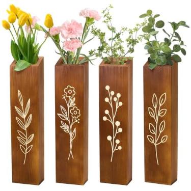 Imagem de Peacoblue Vaso de parede de madeira, pacote com 4 vasos de parede com bolso interno, decoração para casa de fazenda, sala de estar, quarto, flores secas, plantas artificiais marrons