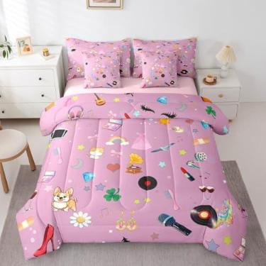 Imagem de Erosebridal Jogo de cama solteiro com tema musical de 7 peças, cantora pop, para crianças, adolescentes, violão, batom, cama em uma bolsa, flor de cobra, com edredom rosa, presente para amigos de fãs