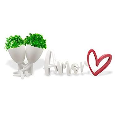 Imagem de Vaso bob Casal + Palavra AMOR 3D + plantas, Kit para Decoração Sala Quarto com Plantas Artificiais Pick e Pimenta (Branco)