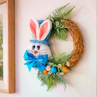Imagem de Guirlanda Decorativa de Páscoa Modelo Guirlanda de Páscoa para Portas e Paredes com Cabeça de Coelho Azul 25cm