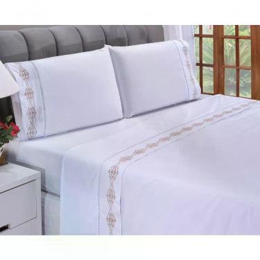 Imagem de Jogo Lençol Diamante Quarto Casal Queen Bordado 4 Peças 2fronha Cor: Branco Com Caqui