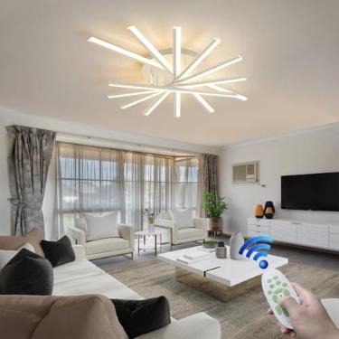 Imagem de Luminária de teto LED moderna e regulável em metal, com formato de fogos de artifício, elegante para sala de estar, lustre linear irregular, ideal para restaurantes, hotéis e cafés (Branco,