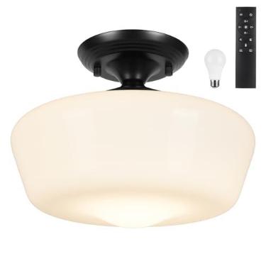 Imagem de Luminária de teto de montagem semi-embutida estilo Schoolhouse com controle remoto de lâmpada regulável, lâmpada de teto dourada moderna de 30 cm com persiana de vidro de leite opala, luz globo de