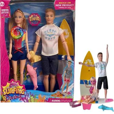 Imagem de Boneca e Boneco Casal Tipo Barbie Ken Surfista Acessórios Prancha de s