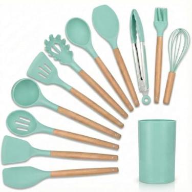 Imagem de Jogo Utensílios de Cozinha em Silicone Madeira 12 Peças (Verde-água)
