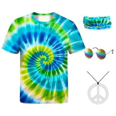 Imagem de kooirsp Fantasia hippie para homens e mulheres, conjunto de roupa masculina dos anos 60 e 70, colorido, hippie, óculos de sol, faixa de cabeça, colar de paz, Azul, verde, 3G