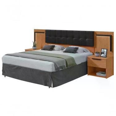 Imagem de Cabeceira Casal Calitan - Lp - Rei de Casa 160cm com Mesas MDP Estofada em Corino Amêndoa Clean-Preto Fosco Móveis Lopas
