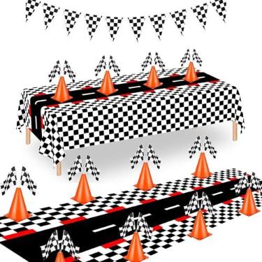 Imagem de YOELVN Cones de trânsito laranja de 17,78 cm decoração de festa com bandeiras quadriculadas de corrida, cones de plástico de treinamento esportivo de segurança de 28 cm com bandeiras de corrida,