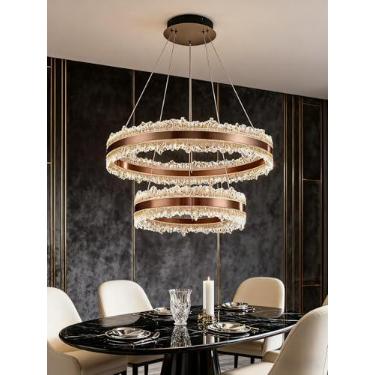 Imagem de Daksan Lustre Pendente LED Moderno 3 Cores (3000K-4000K-6000K) - Ajuste Remoto de Cor e Brilho - Design Duplo Círculo Ajustável 40+60cm - 115W - Para Sala de Jantar, Cozinha e Quarto - Dourado