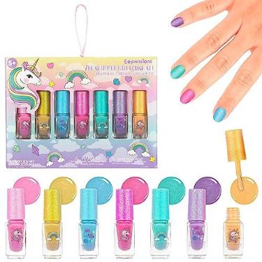 Imagem de Expressions Conjunto de esmalte de unhas unicórnio brilhante para meninas com 7 unidades - conjunto de esmalte para meninas e adolescentes, kit de esmalte seguro e não tóxico para crianças conjunto de esmaltes infantis para meninas a partir de 5 anos