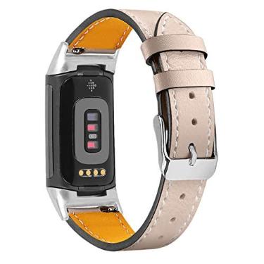 Imagem de Mtozon Pulseiras de couro compatíveis com Fitbit Charge 5, pulseiras de couro legítimo de substituição para mulheres e homens, bege