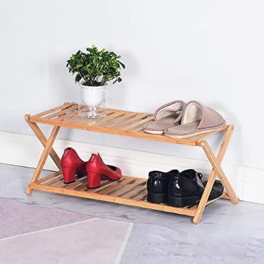 Imagem de XIANGLV Sapateira de bambu de 2 níveis, rack portátil dobrável para armazenamento de sapatos, sem instalação Sapateira pequena perfeita para corredores, quartos e espaços pequenos