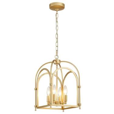 Imagem de ANJIADENGSHI Lustres De 4 Luzes, Lustre Dourado Estilo Fazenda Para Luminárias De Sala De Jantar, Luminárias Pendentes De Cozinha Em Metal Tipo Lanterna, Lustre De Gaiola Rústica Para Quarto, Sala D