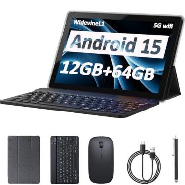 Imagem de Tablet Android 15 de 10 polegadas, 12 GB de RAM + 64 GB de ROM + 1 TB expansível, tablets 2 em 1 com teclado/capa/mouse/caneta, processador quad-core de 1,8 GHz, câmera de 8 MP, tablet de tela HD 1280