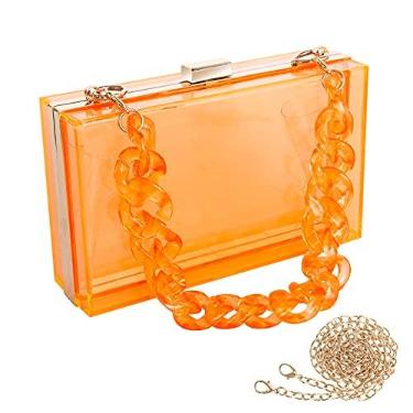 Imagem de WJCD Bolsa transversal de acrílico transparente - Bolsa clutch aprovada para estádio com corrente dourada, pequena bolsa de noite transparente para mulheres, 2 correntes laranja, 7.1 x 4.1 x 2.2