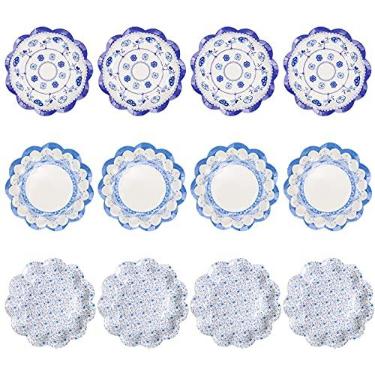 Imagem de CheeseandU 12 pacotes de pratos de papel de porcelana azul e branco estilo chinês 18 cm 3 design floral vintage descartável prato de festa prato de renda de casamento pratos de jantar festivos pacote de chá