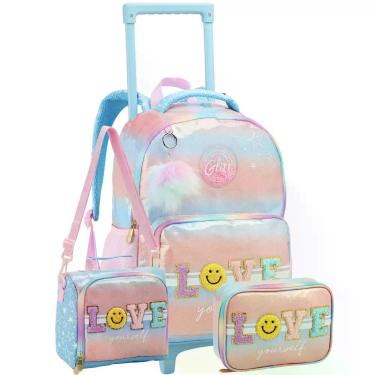 Imagem de Kit Mochila Rodas 17 Love Lancheira Térmica Estojo Box Kids - Seanite,